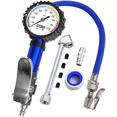 Tire Inflator with Pressure Gauge and Longer Hose - Most Accurate, Heavy Duty Air Chuck with Gauge for Air Compressor Tire Inflator Attachment - 100PSI Cover