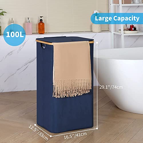 Efluky Large Laundry Hamper With Lid, 100L Tall Laundry Basket With Bamboo Handles For Clothes And Toys Storage, Freestanding Collapsible Laundry Hamper With Inner Bag For Bedroom And Bathroom, Blue #TOP2