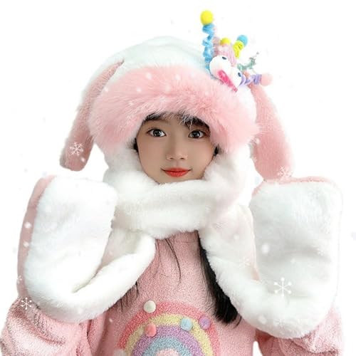 Gorro de conejo con bufanda y guantes de felpa para invierno