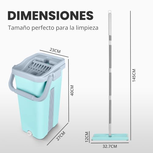 Miniatura 2 de Jupplies Mopa Fregona Con Cubo Escurridor Doble Compartimento 7,5 L Sistema Giratorio Con Mango Telescópico Y Recambios De Microfibra Para Suelos, Paredes Y Azulejos Verde, 6 Recambios