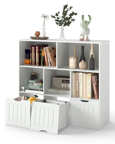 Xinyvee Estanteria Libros Salon Blanca, Estanteria Almacenaje con Cajones, Estanterias para Libros, Estanterias Almacenaje Salon Blancas, Estantería Blanca, Librería Estantería