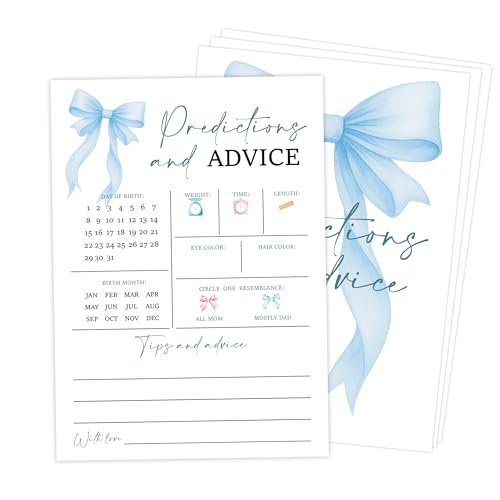 Blue Bow Predictions and Advice Game, Pack of 30 Game Cards, Blue Coquette Bow Baby Shower Game, Gender Reveal Party Decorations, Gender Neutral - KR08