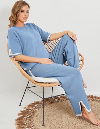 Image of Tanming Sweater Sets Women 2 Piece Lounge Sets Short Sleeve Knit Pullover Tops Wide Leg Pants