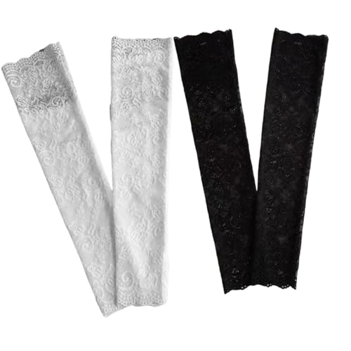 UV Protection Lace Arm Sleeves Floral Fingerless Gloves Summer Driving Gloves for Wedding Parties 2Pairs Black and White3