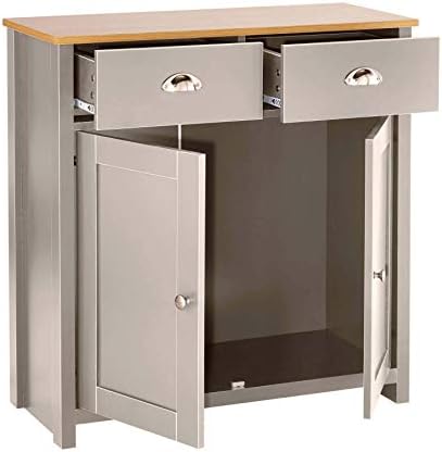 Home Source Grey Oak Sideboard 2 Door 2 Drawer Storage Cupboard, Metal Handles