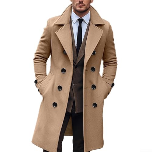 Gabardina de negocios para hombre, abrigo de invierno con solapa de doble botonadura, chaqueta para caballero, ropa de abrigo de manga larga cortavientos (L caqui)