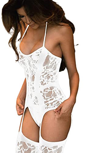 JFAN Conjunto de Ropa Interior de Jacquard para señoras Body de Encaje con Cuello Colgante de Tul sin Tanga-Blanco