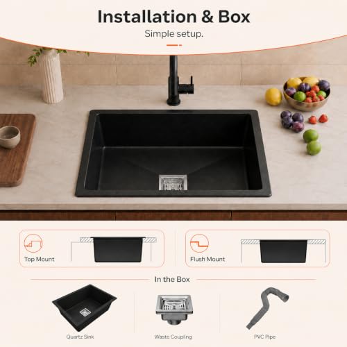 Image of TrueSink Quartz Kitchen Sink 16x18X9 Inches Black | Sound Proof, Heat & Scratch Resistant and Easy to Clean Single Bowl Granite Kitchen Sink /Basin with Waste Coupling & Pipe | Sink for Kitchen Black