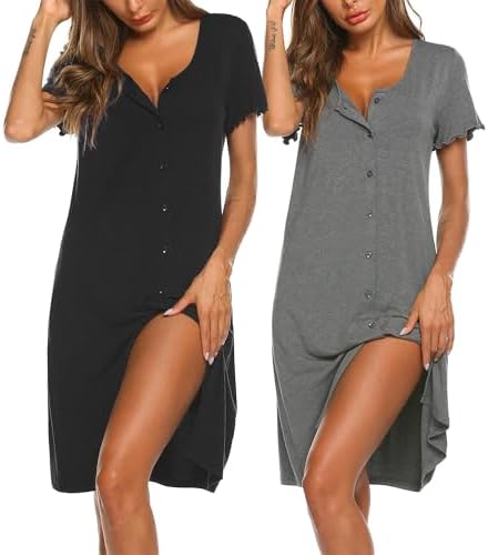 Ekouaer 2er Nachthemd Damen Kurzarm Knöpfen Schlafshirt Kurz Sleepshirt Knopfleiste Nachtwäsche S-XXL