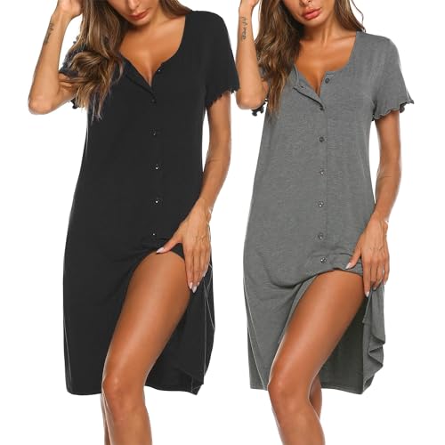 Ekouaer Nightdresses for Women Nighties Button Front Nightshirts Summer Nightwear Short Sleeve 2 Pack, Black + Grey M