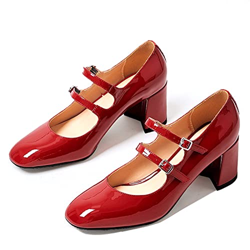Women's Stylish Closed Round Toe Patent Leather Doubled Monk-Strap Vintage Low Chunky Heel Dress Mary Jane Pumps Shoes2