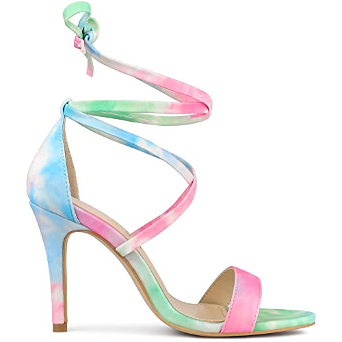 Allegra K Allegra K Women's Tie Dye Lace Up Stiletto Heel Green Pink Sandals - 10 M US