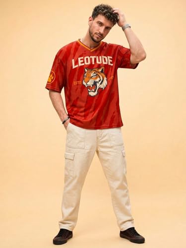 Image of LEOTUDE Men's Tiger Graphic Printed Oversized T-Shirt | Bold Black Sports Jersey Style Tee | Half Sleeve Casual Streetwear for Men's (Color:Black)