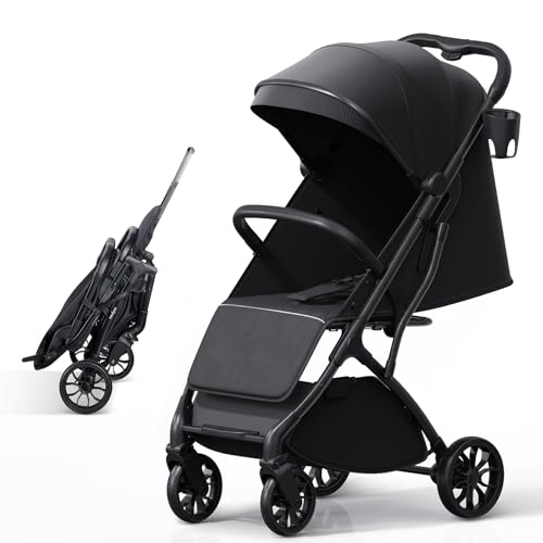 newyoo Lightweight Baby Travel Stroller, Compact Toddler Strollers w Telescoping Handle, Cup Holder & Storage Pocket, One-Hand Quick Fold, Near Flat Recline Seat, TR18, Black