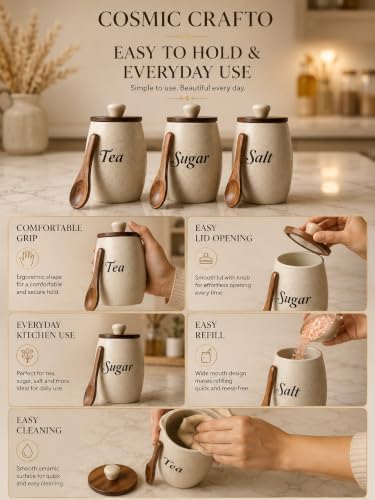 Image of Ceramic Airtight Tea Coffee Salt Canister Set of 3 (Dholak Spoon)