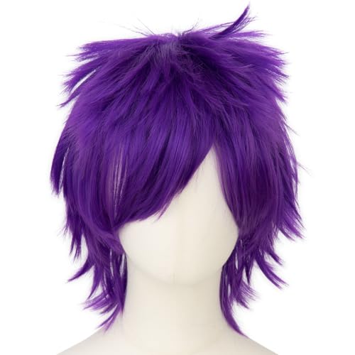 Modernfairy Anime Halloween Wig Purple for Cosplay Party, Synthetic Layered Short Hair Wigs with Bangs, Pastel Wigs for Women Men