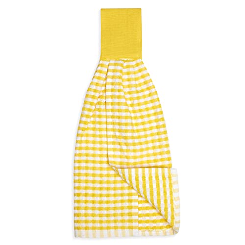 Cackleberry Home Gingham Check Terrycloth Hanging Kitchen Hand Towel Cotton With Button Accent, Set Of 2 (Lemon Yellow) #TOP4