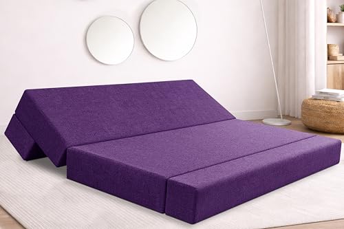 Image of Rosebell Four Seater Foldable Sofa Cum Bed (6x6 Feet) ? Jute Fabric, Washable Removable Cover, Includes Cushion | Space Saving Convertible Sofa Bed for Home, Office & Guests - Purple