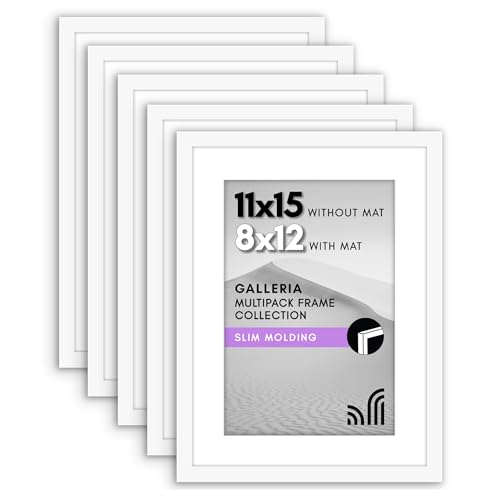 Americanflat 11x15 Picture Frame with Polished Plexiglass - Set of 5 - Use as 8x12 Frame with Mat or Display 11x15 Photo Without Mat - Galleria Collection - Picture Frames for Wall Display - White