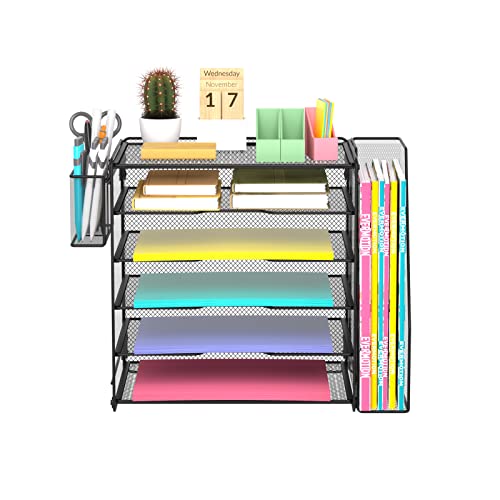 Samstar Mesh Desk Organizer, Paper Letter Tray with 5 Tier Racks Shelves,1 Extra Vertical File Sorter and Pen Holders for Office Supplies,Black - Thumbnail 2