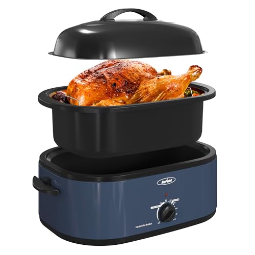 Sunvivi 22lb 18-Quart Roaster Oven, Electric Roaster Oven with Self-Basting Lid, Turkey Roaster with Unique Defrost/Warm Function, Large Roaster with Removable Pan & Rack, Stainless Steel, Blue