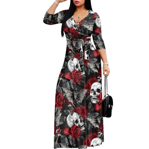 Hdjxbdhsv Gothic Skull Rose Bat Print Ladies Dress for Halloween Costume
