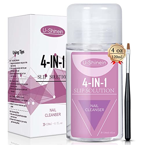 U-Shinein 120ml Nail Slip Solution, 4-in-1 Poly Nail Gel Slip Solution Poly Nail Extension Gel Liquid Slip Solution Builder Gel, Nail Cleaner Liquid Nail Polish Remover with Nail Brush Nail Art