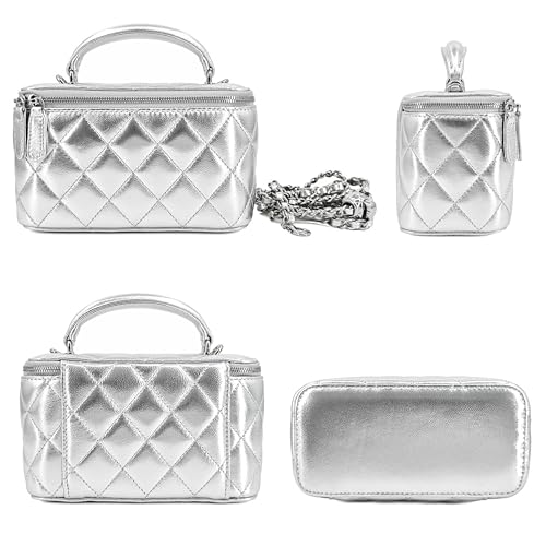 Image of M-ioi-M Small Genuine Leather Purse Quilted Crossbody Bag for Women, Mini Top-Handle Shoulder Handbag w /Gold Chain Strap