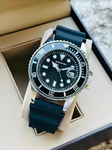 Image of AMERICANVIBER Analog Watch for Men with Black Dial, Round Case, Black Rubber Strap, Rotating Bezel, Date Display and Quartz Movement, Black Silver