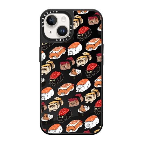 CASETiFY �~���[ iPhone 14 �P�[�X [1.5m����̗����������N���A/MagSafe �ɑΉ�] - Sushi Persian Cat - �u���b�N (�u���b�N�o���p�[)