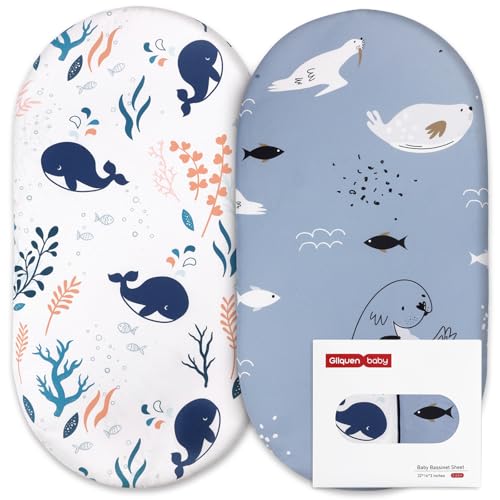 Image of Gllquen Baby Bassinet Sheets Set 2-Pack, Breathable Cozy Bassinet Fitted Sheet Universal Fit Standard Mattress Oval Rectangle Cradle Baby Sheets for Baby Boy Girls Unisex 32"x16" (Sea Lions)