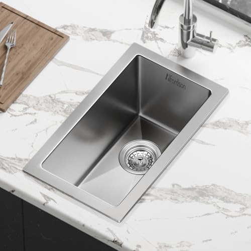 ALFORDSON Kitchen Sink Single Bowl with Waste Strainer, 250x 450x 215mm, 304 Stainless Steel Water Basin Sinks with 3mm Thick Edge in Silver