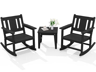 SERWALL 3 Piece Rocking Bistro Set, HDPE Patio Furniture Set with Bistro Table and Chairs for Backyard,Porch, Poolside, Balcony, and Garden- Black