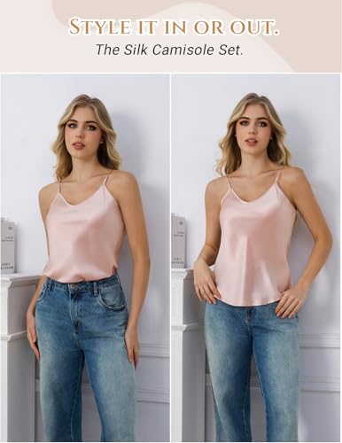 Image of THXSILK 100% Mulberry Silk Women Cami Pajama Set, Tank Top with Shorts Sleepwear, Adjustable Spaghetti Straps, Luxury Pj Set