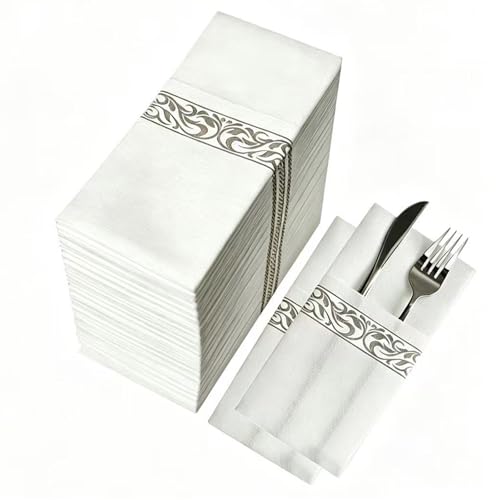 CHEERDO Lot de 50 serviettes jetables en tissu - Poche intégrée pour couverts - Pour fête de mariage - Blanc au toucher lin - Pré-pliées pour couverts...