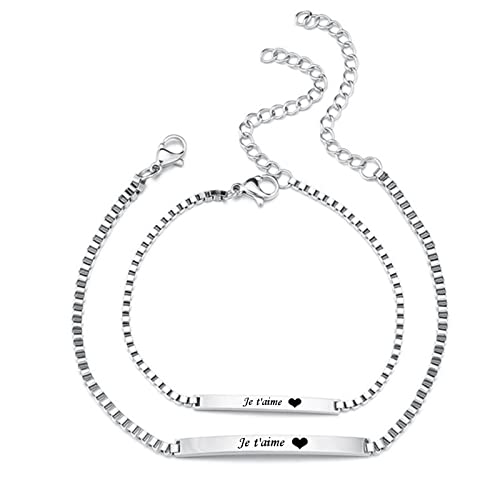 Whoiy Bracelet Couple Gravure Je t'aime, Bracelet Couple Distance Bracelet Jonc Argent Bracelet Inoxydable Bracelet Amoureux Bar Bracelet Couple Amour Cover