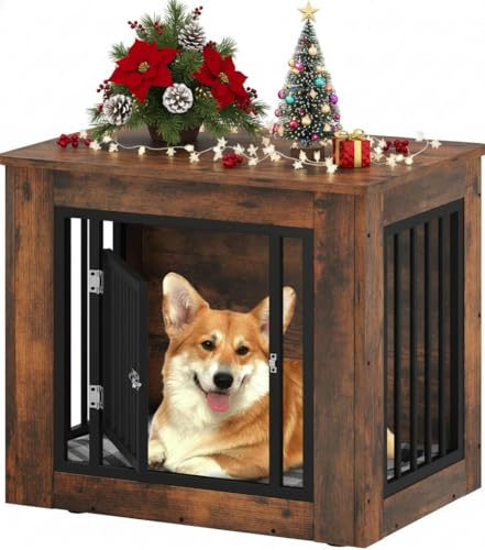 YITAHOME 27.2' L Dog Crate Furniture for Medium Dogs, 2-in-1 Iron-Wood Fusion Dog cage Indoor up to 30 lb, Side End Table, Modern Dogs Kennel with Waterproof Top, Safety Corners,Steel Lock,Rustic