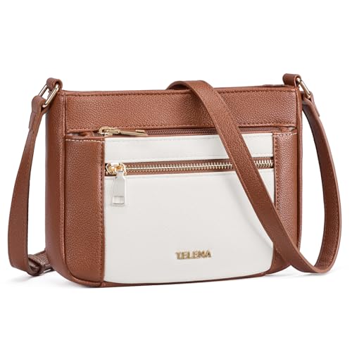 Telena Crossbody Bags for Women, Leather Cross body Purse With Adjustable Strap (Beige With Brown, Regular)