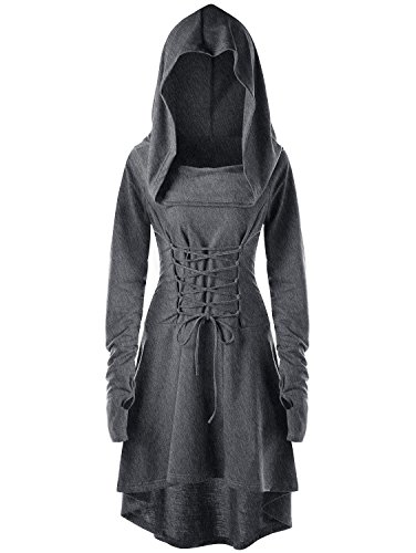 Gemijack Womens Renaissance Costumes Hooded Robe Lace Up Vintage Pullover High Low Long
