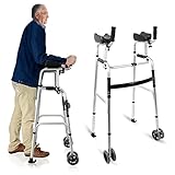 Foldable Stand Up Walker with Armrest Pad - Height Adjustable Aluminum Dual-Wheel Walker, Standard Walkers for Seniors, Elderly, Platform Walkers with Arm Support, Standing Upright Walkers, Silver