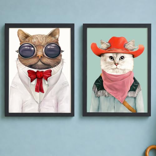 Image of PAINTINGMANTRA Cat & Dog Cartoon Wall Art Painting for Kids Room, Animal Framed Painting for Living Room, Playroom, kids room decoration items, Set of 2, 9x13 Inch