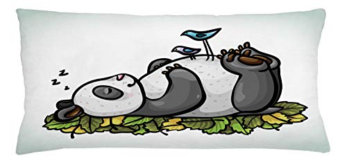Lunarable Funny Throw Pillow Cushion Cover, Sleeping Panda Bear and Birds on Her Belly Childish Friend Nature Animal Cartoon, Decorative Rectangle Accent Pillow Case, 36