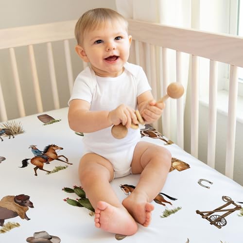 Image of Sweet Jojo Designs 2-Piece Baby Crib Sheets Set (Western Cowboy) for Boys, Infant Nursery, Toddler Room - Fitted, Standard Size (Cow Print, Country, Wild West, Southern Charm, Horse, Farm Animal, Tan)