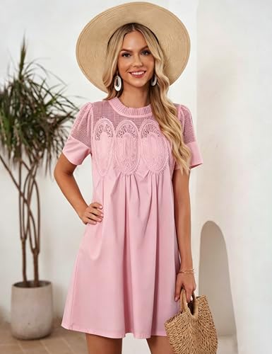 Image of Shiyifa Womens Babydoll Lace Patchwork Dresses Summer Short Sleeve Ruffle Sundress Loose Crew Neck A-Line Dresses