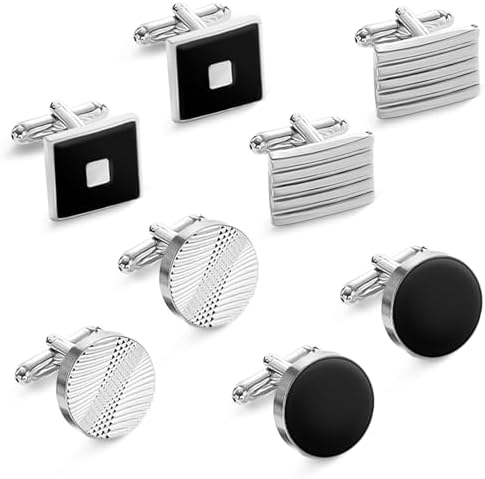 4 Pairs Cufflinks for Men, Personalised Classic Tone Cuff Links set,Shirt Black&Silver Mens Cufflink for Wedding Business Graduation Gift
