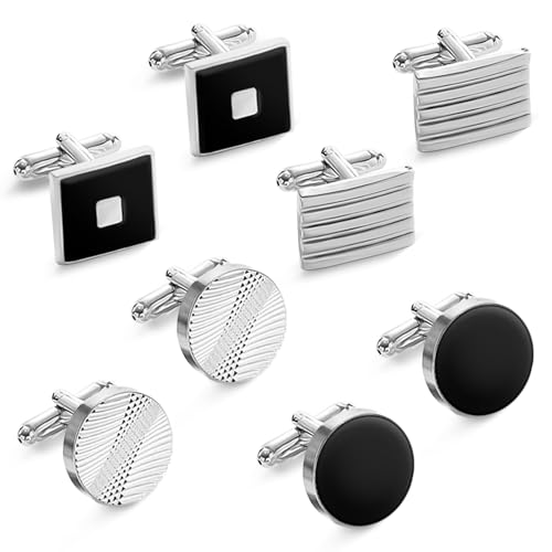 4 Pairs Cufflinks for Men, Personalised Classic Tone Cuff Links set,Shirt Black&Silver Mens Cufflink for Wedding Business Graduation Gift