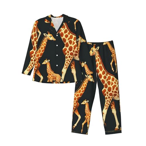 Mens Long Sleeves Pajama Set Giraffes Patterns Love Cozy Two-Piece Loungewear For Nighttime Comfort,Casual Wear