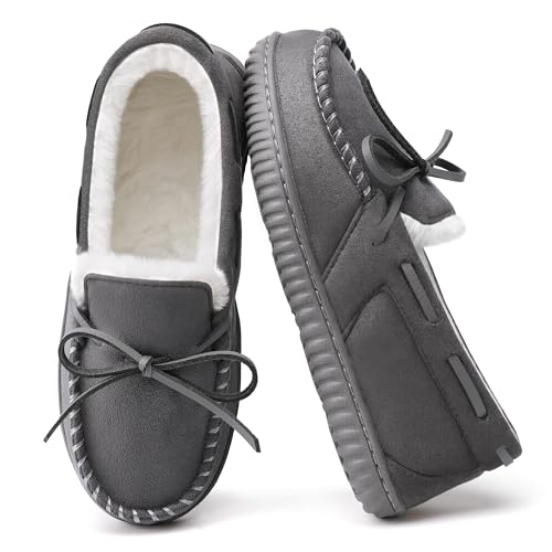 Image of MIXIN Womens Moccasin House Slippers Memory Foam Fuzzy Slipper for Women Comfy House Shoes Indoor Outdoor Grey 7