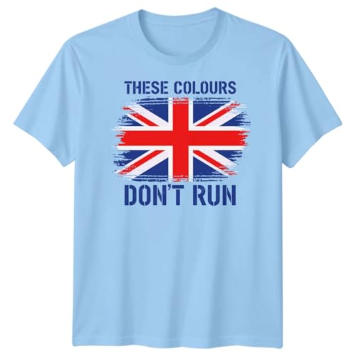 D&T These Colours Dont Run T-Shirt Distressed Union Jack Family Shirts - UK Flag British Patriotic Graphic Tee for Men, Women & Kids Unisex Large Sky Blue