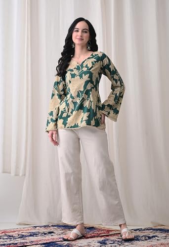 Image of MEERA FAB Women's Summer Floral Printed Cotton Short Kurta Bell Sleeves | Floral Printed Kurta | Short Kurti for Women